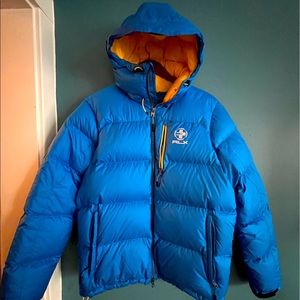 Ralph Lauren RLX 650 puffer jacket in royal blue & yellow trim!
